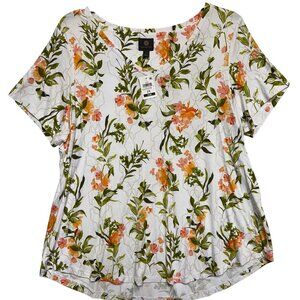 JM Collection Womens Plus 2X Floral White & Orange Short Sleeve V-Neck Tee Top